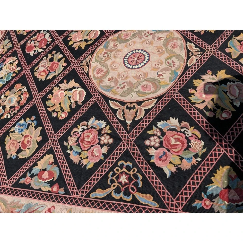 Antique  Aubusson Style Needlepoint Floral  Rug Carpet 13.6 X 9.9 Feet. Estate